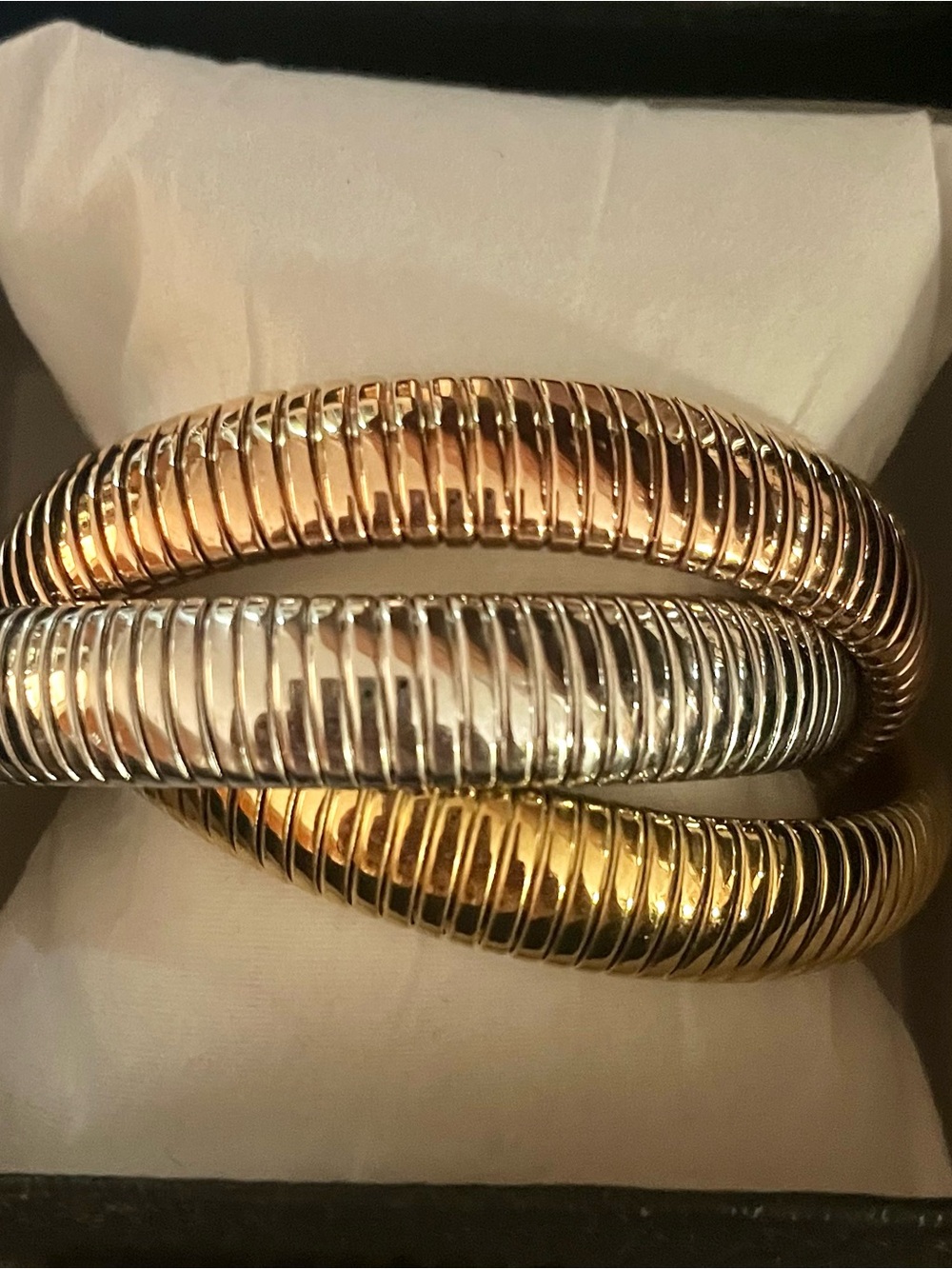 Tri-Tone Ribbed Coil Bangle Bracelet - Gold, Rose Gold & Silver